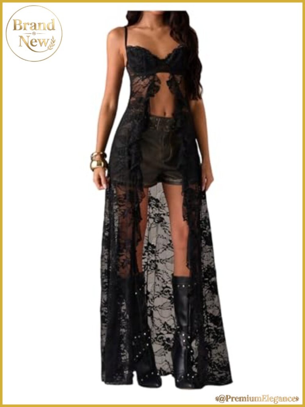 Sheer Lace Long Cami Top Spaghetti Strap Ruffle Trim Y2K Streetwear